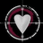 Static pixel art icon featuring a white heart shape suspended by a dark gray pin, encircled by two concentric rings—one maroon and one light gray—on black background.