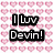 Pixelated image with pink heart pattern background and black text reading "I Luv Devin!" on left, and brown silhouette of person with skateboard and text "My skater" on right.