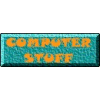 Animated computer character with blue screen face typing on keyboard, two identical banners above display orange text.
