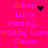 Pixelated text on bright pink background with animated black dot patterns changing near 'Simon' and 'Maddy...' lines.