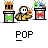 Animated contact sheet of a cartoon character interacting with trash cans, TV sets, and groups of smaller figures on a gray background.