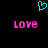 A static image with a black background features two pink 'LOVE' texts and one cyan heart symbol above them.