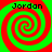 Four identical spiral patterns with alternating red and green colors, each containing the text 'Jordan' in black pixelated font at top-left corner.