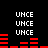 Black background with white text 'UNCE' repeated in four groups of three , red horizontal bars below each group forming a dynamic audio visualizer pattern