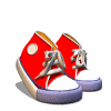 Red high-top sneakers with white toe caps and purple soles, shown in six sequential poses from left to right.
