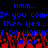 Blue pixelated text on black background with red splatter effects, repeating phrases in a mirrored layout.