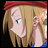 Pixelated anime-style character with blonde hair and red headband, partially visible face showing blue eye and pink cheek, next to black background with white text.