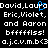 Pixelated text displays names and symbols in white on black with a blue cursor, repeated across multiple lines.