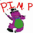 A pixelated purple figure with a green belly holds a red balloon reading 'PIMP' against a white background.