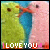 Animated sequence of two birds kissing with 'I LOVE YOU' text and heart symbols, each frame showing a different heart symbol position.