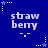 Blue background with repeated white pixelated text "strawberry" and small star icons, each text block accompanied by a downward-pointing arrow-like shape.