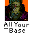 Pixelated character with green hair and dark clothing against orange background, text below reads "All Your Base Are Belong To Us".