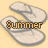 A static image of two light gray flip-flops on a pale yellow background with the word 'Summer' in orange text overlaid.