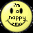 A pixelated yellow circular icon with black text reading "i'm a happy emo" and simple eyes and smile.