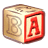 Pixelated 3D block with two visible faces showing embossed letters 'B' and 'A', one face in beige tones, the other red-bordered white background.