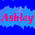 Pixelated graphic with blue background and light blue wave-like shape containing red text 'Ashley' in stylized font.