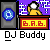 Animated contact sheet of a pixel art DJ buddy icon with multiple frames showing different equipment and motion states against a gray background.