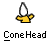Pixelated icon of a yellow cone-shaped head with white top and black outline, positioned above pixelated text reading 'Cone Head' on gray background.