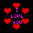 Pixelated red hearts and pink 'I LOVE YOU' text on a black background, with varying heart sizes and text positions.