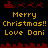 Pixelated holiday-themed icon with red sleighs, reindeer, and yellow text reading "Merry Christmas!! Love Dani" on a black background.