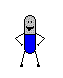 Pixelated character with blue lower body and gray dotted upper body, smiling face, changing arm poses across frames.