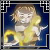 Animated character with spiky blonde hair and closed eyes, holding a glowing yellow weapon against a dark blue background with decorative border.