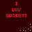 Red pixelated text "I LUV GARRETT" arranged in three lines on a dark red background with scattered white dots.