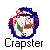 Pixelated circular icon with multicolored border and central abstract pattern, below which is the text 'Crapster' in blocky font.