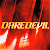 A 4-frame animated contact sheet showing a fiery background with the text "DAREDEVIL" in yellow-orange gradient lettering, each frame displaying slightly different flame positions and intensity.