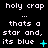 Pixelated text displays 'holy crap' and 'thats a star and, its blue' with cyan star symbols changing across frames.