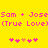 Yellow background with pink pixelated text reading "Sam + JoseSam + Jose (True Love)(True Love)" and two of pink and orange heart symbols