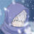 A pixelated anime-style character with light purple hair and a hooded garment against a blue gradient background with white speckles.