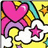 Pixelated image with pink heart, purple swirls, yellow stars, and white cloud shapes on a yellow background, next to red with yellow text