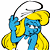 A pixelated cartoon character with blue skin and yellow hair holding a white object, next to green text on a dark background.