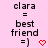 Pink background with repeated text "clara = best friend =)" and red heart symbols, showing animation changes in heart pixelation.