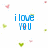 Pixelated blue text reads 'i love you' on white background with scattered pink and green heart-shaped pixel clusters.