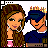 Pixel art contact sheet showing two animated frames of a cartoon couple with text changing from "i cant stop" to "thinkin bout you" in glitchy blue font.