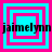 Four identical cyan and magenta square frames with the text 'jaime ly nn' overlaid, arranged in a on a solid pink background