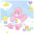 Pixelated static image of a pink teddy bear with heart-shaped paws floating among yellow stars and clouds in a light blue sky background.