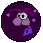 Animated circular icon with dark purple background showing a stylized character with large eyes and pink features rotating through multiple poses with purple accents.
