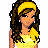 Pixel art contact sheet of a female character in yellow and pink attire with repeated text phrases below each frame.