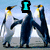 Animated sequence of penguins walking with text overlays forming "I love Penguins!" in cyan font.