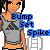 Pixelated anime-style character with dark hair and orange skin wears gray tank top, holding blue text boxes reading 'Bump', 'Set', and 'Spike' against white background.