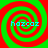 Four identical spiral patterns with red and green concentric rings, each containing blue text reading 'hazcaz' in a pixelated font.