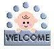 Pixelated cartoon baby with crown peeking over 'WELCOME' sign, surrounded by floating blue spheres in two animation frames showing facial expression change.