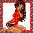 Pixel art contact sheet showing five frames of an animated buddy icon featuring a cartoon woman in red outfit with brown hair, black shoes, and beige ground, alongside text reading "Sporty & Horny".