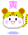 Pixel art tiger head with yellow stripes, brown ears, pink cheeks, and a red mouth on gray background.