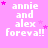 identical pink icons with white text 'annie and alex forever!!' surrounded by small purple stars on a solid pink background