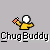 Yellow cartoon character with white spherical head and orange rectangular object held in right hand, standing on gray background with repeated text below.