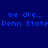 Blue background with pixelated text 'we are... Penn State' over a circular gradient that shifts from dark blue to light blue across frames.